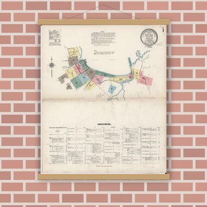 Old map wall art mockup — magnetic wood frame on brick wall — Sanborn Fire Insurance Map from Hilo, Hawaii County, Hawaii (1914) — Complete Set