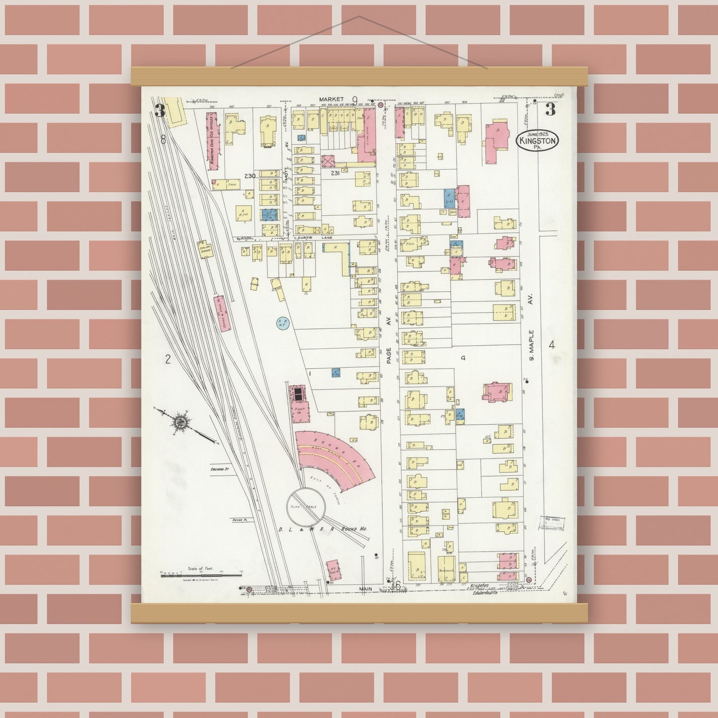 Old map wall art mockup — magnetic wood frame on brick wall — Sanborn Fire Insurance Map from Kingston, Luzerne County, Pennsylvania (1925), Sheet #0003