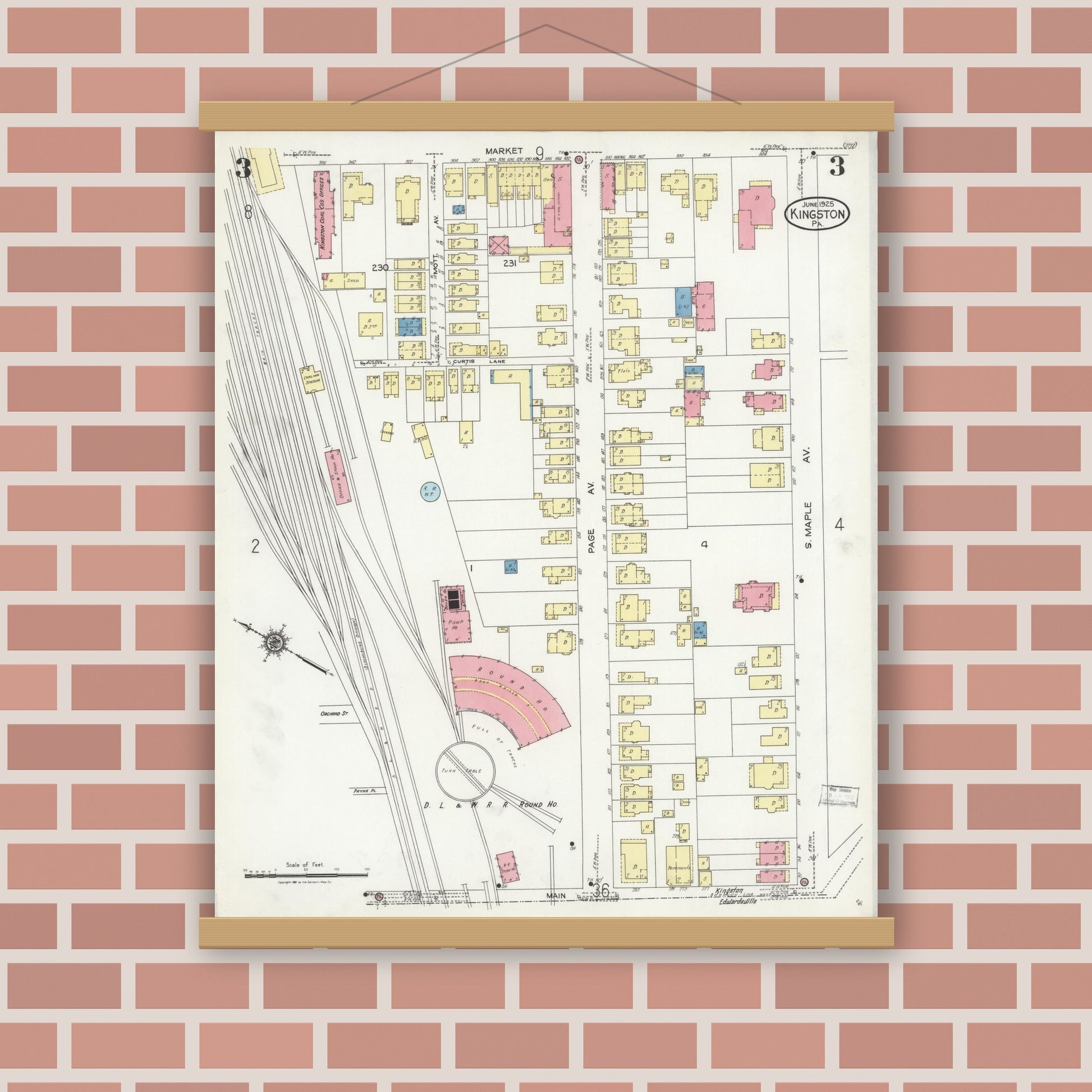 Old map wall art mockup — magnetic wood frame on brick wall — Sanborn Fire Insurance Map from Kingston, Luzerne County, Pennsylvania (1925), Sheet #0003