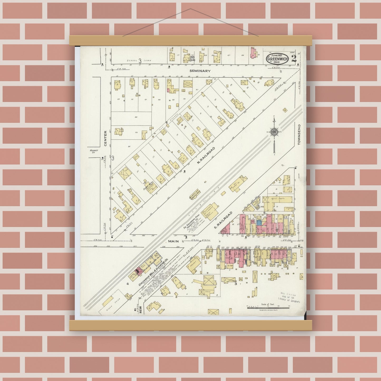 Old map wall art mockup — magnetic wood frame on brick wall — Sanborn Fire Insurance Map from Greenwich, Huron County, Ohio (1921), Sheet #0002
