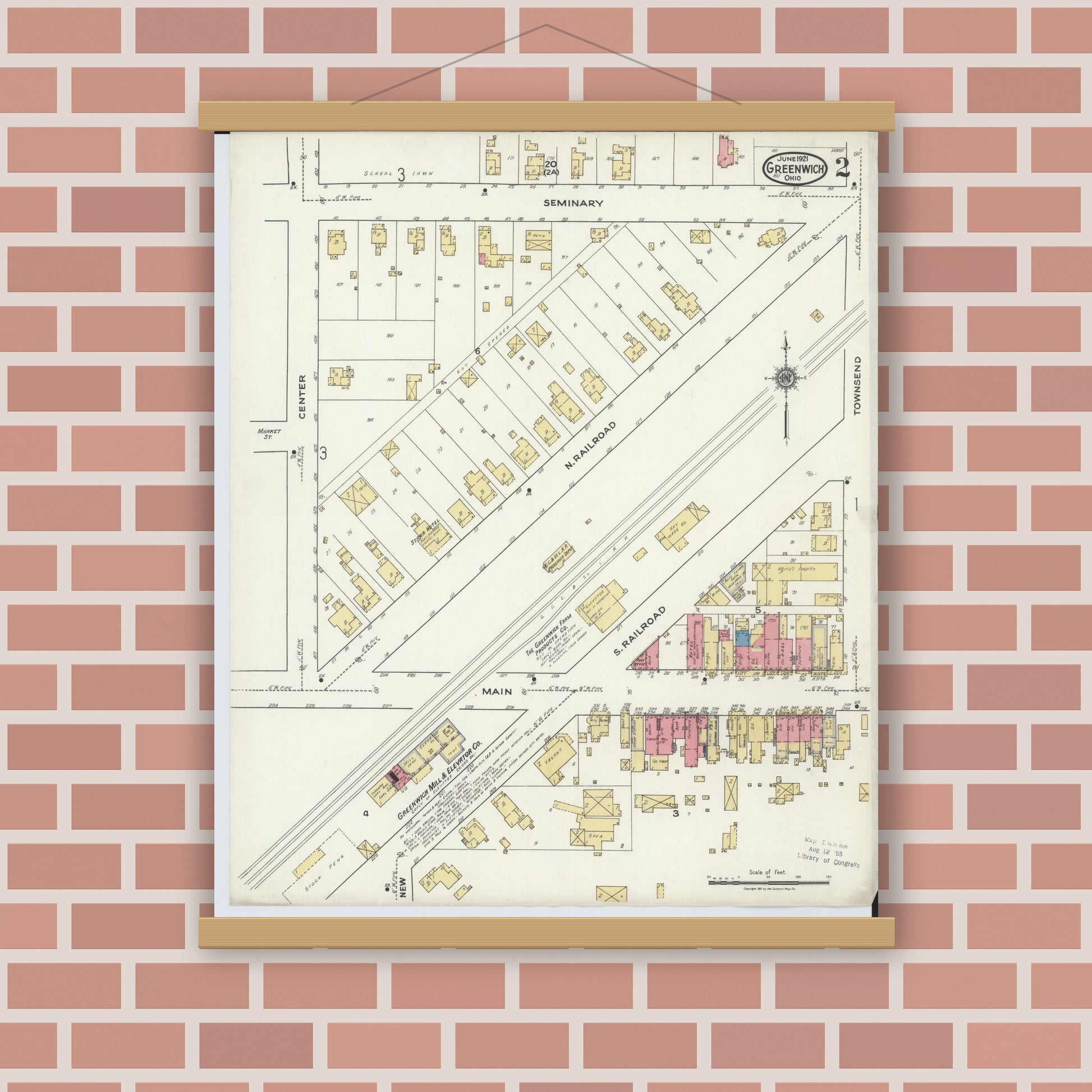 Old map wall art mockup — magnetic wood frame on brick wall — Sanborn Fire Insurance Map from Greenwich, Huron County, Ohio (1921), Sheet #0002