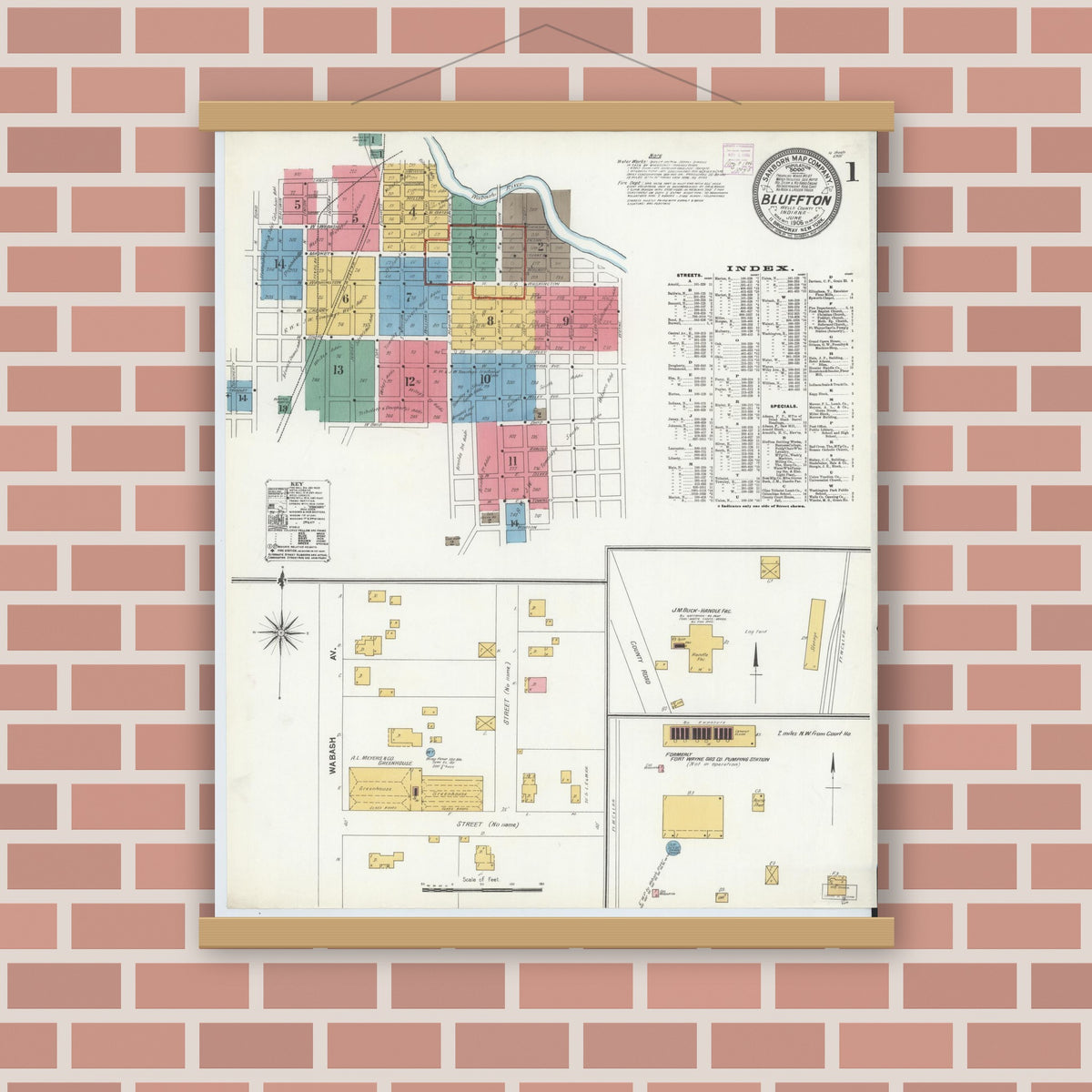 Old map wall art mockup — magnetic wood frame on brick wall — Sanborn Fire Insurance Map from Bluffton, Wells County, Indiana (1906) - Complete Map Set