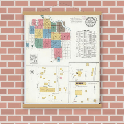 Old map wall art mockup — magnetic wood frame on brick wall — Sanborn Fire Insurance Map from Bluffton, Wells County, Indiana (1906) - Complete Map Set