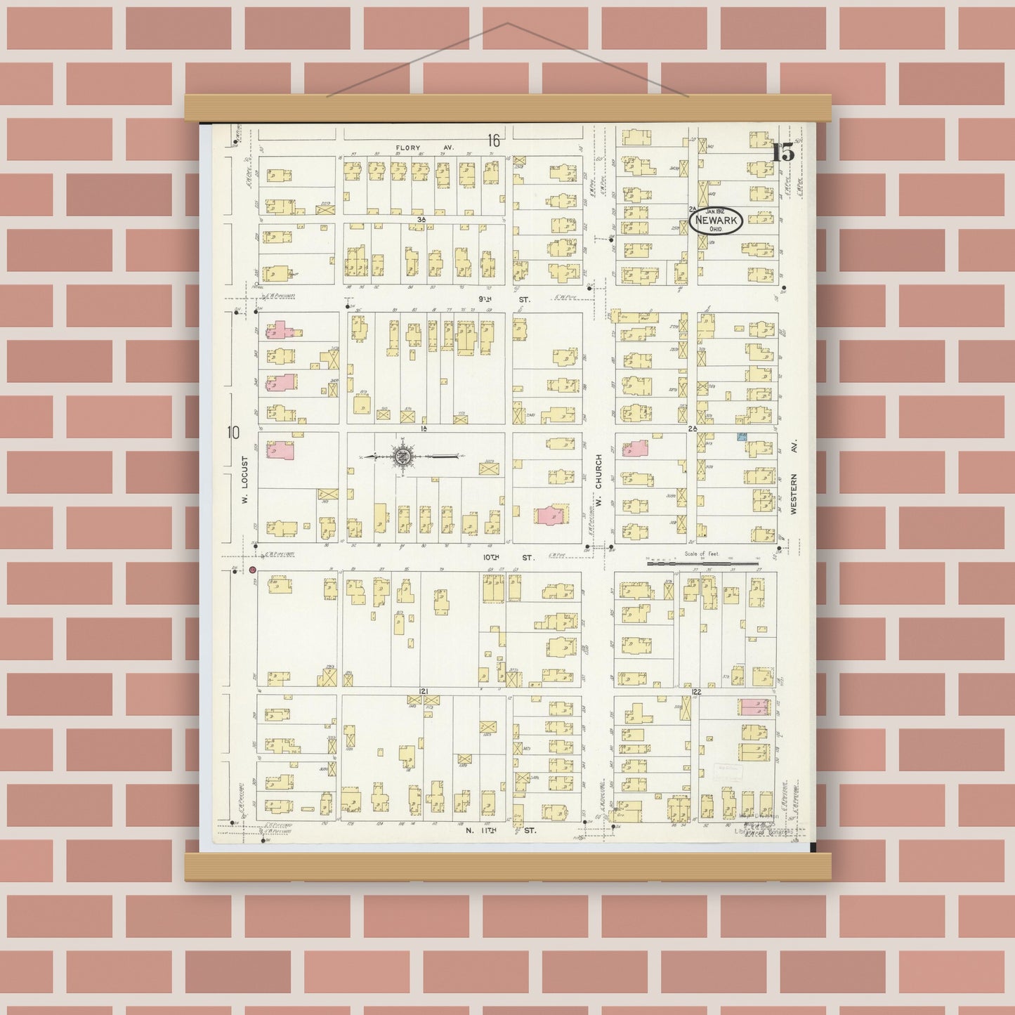 Old map wall art mockup — magnetic wood frame on brick wall — Sanborn Fire Insurance Map from Newark, Licking County, Ohio (1912), Sheet #0015
