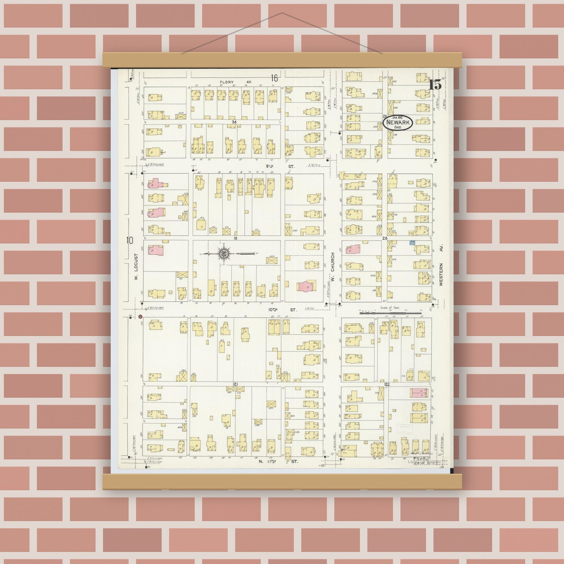 Old map wall art mockup — magnetic wood frame on brick wall — Sanborn Fire Insurance Map from Newark, Licking County, Ohio (1912), Sheet #0015