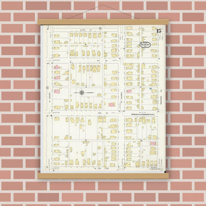Old map wall art mockup — magnetic wood frame on brick wall — Sanborn Fire Insurance Map from Newark, Licking County, Ohio (1912), Sheet #0015