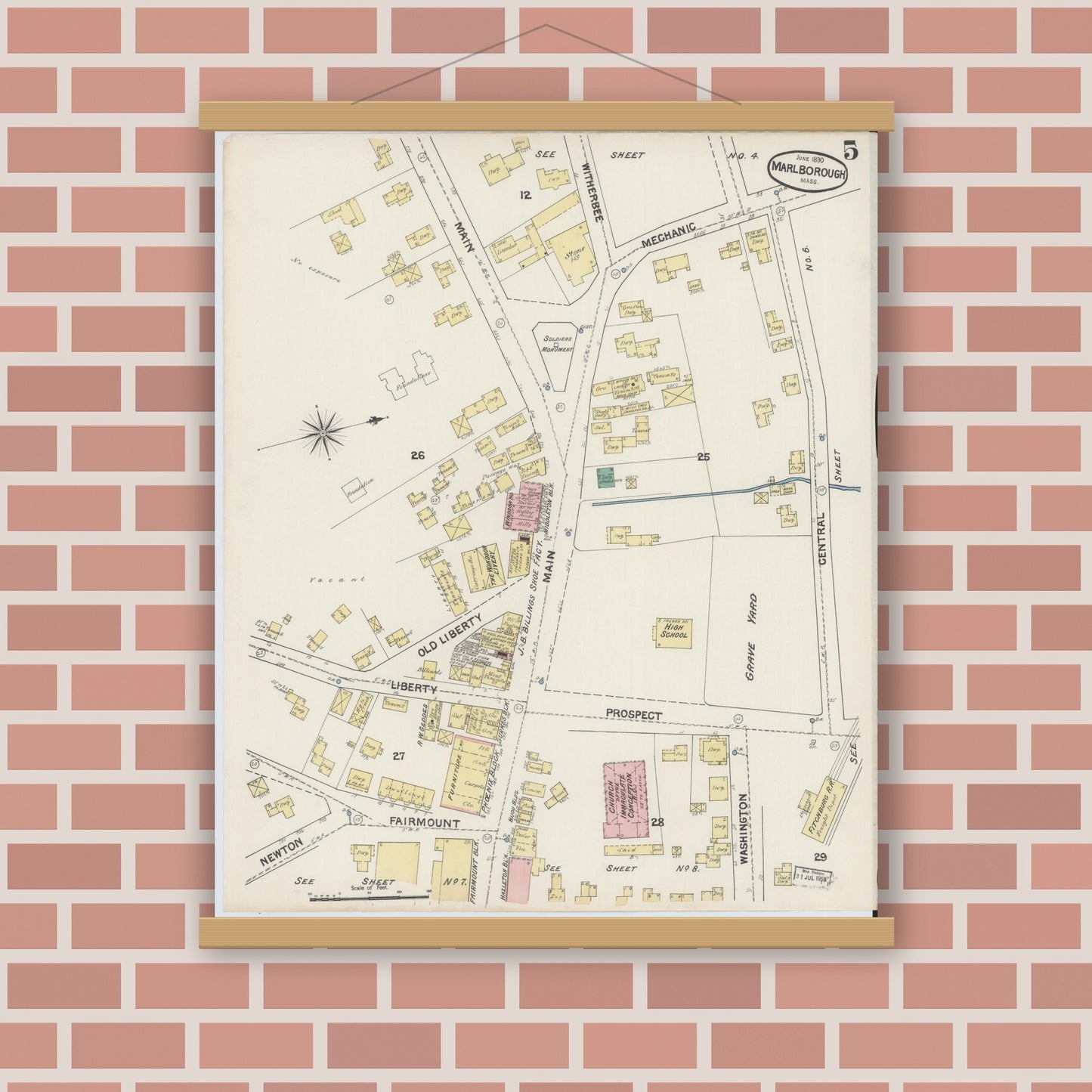 Old map wall art mockup — magnetic wood frame on brick wall — Sanborn Fire Insurance Map from Marlborough, Middlesex County, Massachusetts (1890), Sheet #0005