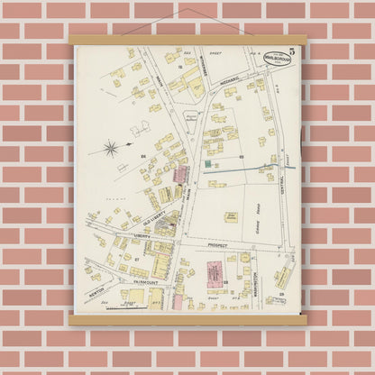 Old map wall art mockup — magnetic wood frame on brick wall — Sanborn Fire Insurance Map from Marlborough, Middlesex County, Massachusetts (1890), Sheet #0005