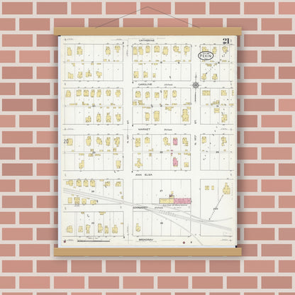Old map wall art mockup — magnetic wood frame on brick wall — Sanborn Fire Insurance Map from Pekin, Tazewell County, Illinois (1916), Sheet #0021