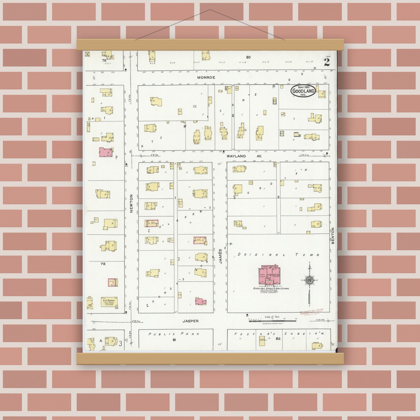 Old map wall art mockup — magnetic wood frame on brick wall — Sanborn Fire Insurance Map from Goodland, Newton County, Indiana (1921), Sheet #0002