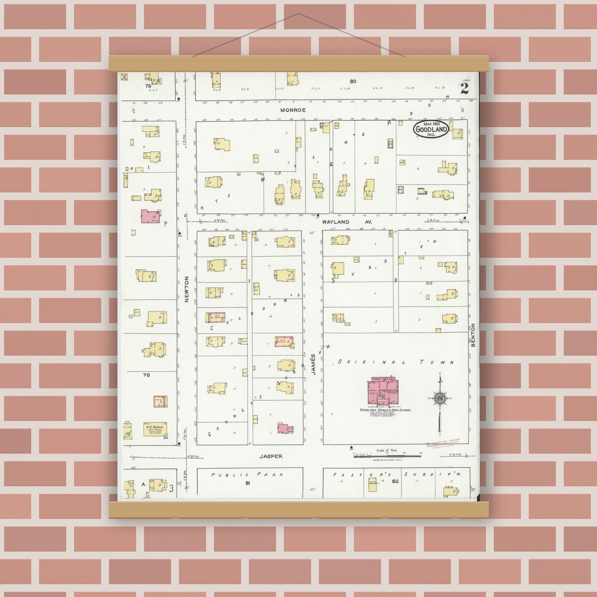 Old map wall art mockup — magnetic wood frame on brick wall — Sanborn Fire Insurance Map from Goodland, Newton County, Indiana (1921), Sheet #0002