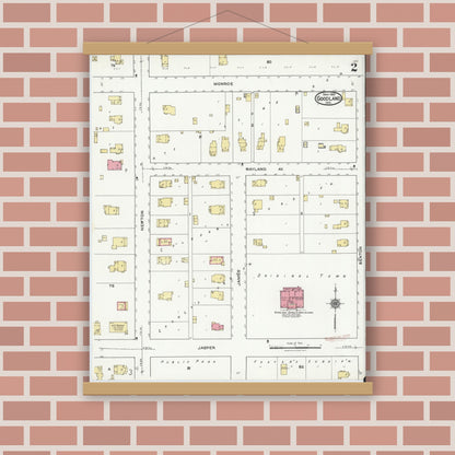 Old map wall art mockup — magnetic wood frame on brick wall — Sanborn Fire Insurance Map from Goodland, Newton County, Indiana (1921), Sheet #0002