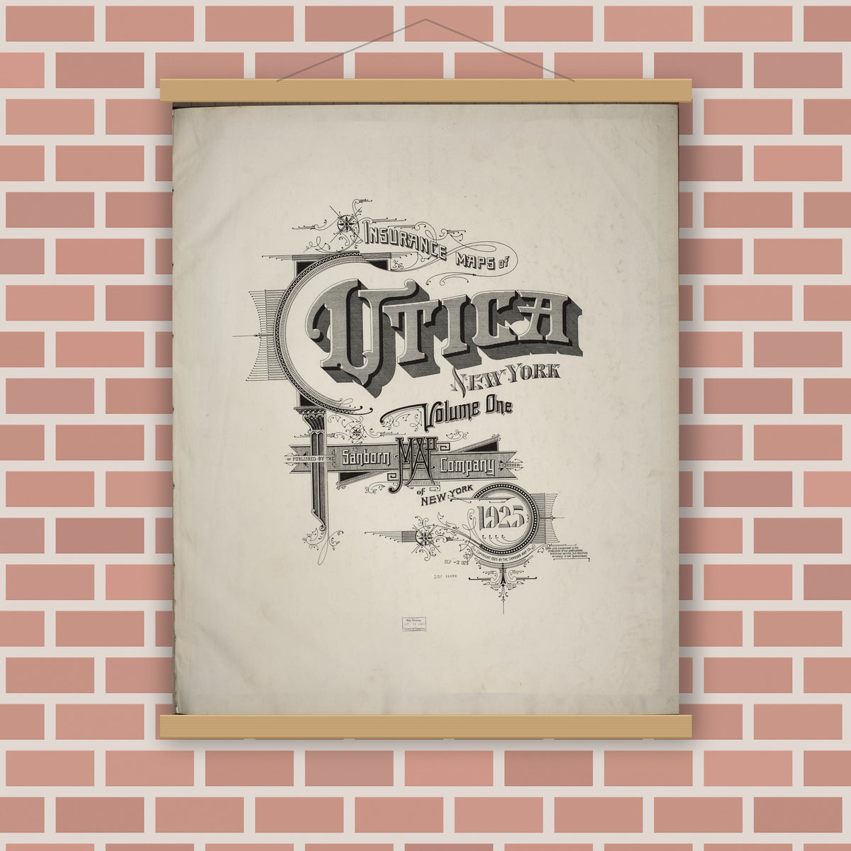 Old map wall art mockup — magnetic wood frame on brick wall — Sanborn Fire Insurance Map from Utica, Oneida County, New York (1925), Sheet #0001