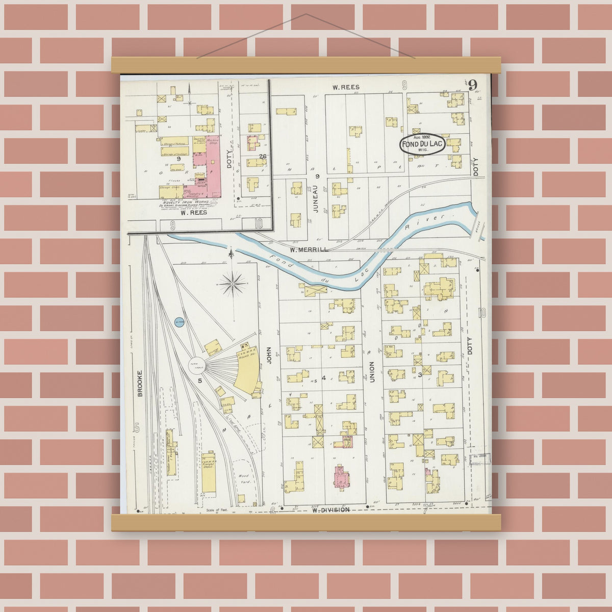 Old map wall art mockup — magnetic wood frame on brick wall — Sanborn Fire Insurance Map from Fond du Lac, Fond du Lac County, Wisconsin (1892), Sheet #0009