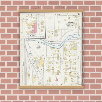 Old map wall art mockup — magnetic wood frame on brick wall — Sanborn Fire Insurance Map from Fond du Lac, Fond du Lac County, Wisconsin (1892), Sheet #0009