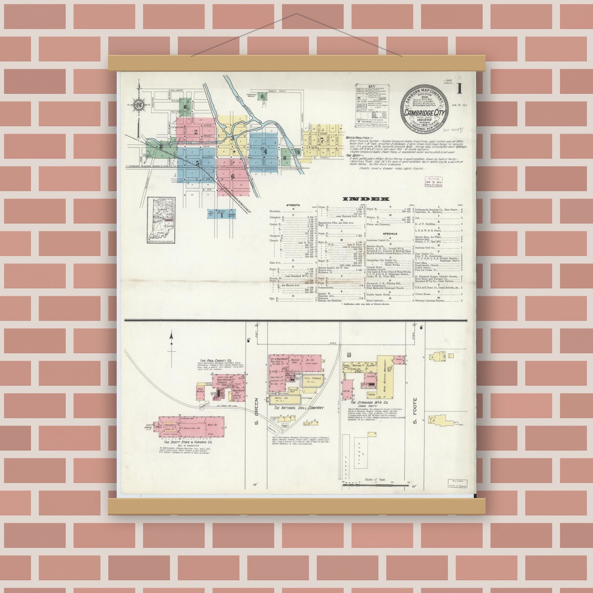 Old map wall art mockup — magnetic wood frame on brick wall — Sanborn Fire Insurance Map from Cambridge City, Wayne County, Indiana (1913) - Complete Map Set