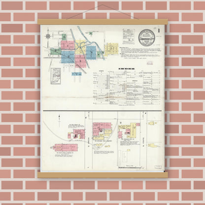 Old map wall art mockup — magnetic wood frame on brick wall — Sanborn Fire Insurance Map from Cambridge City, Wayne County, Indiana (1913) - Complete Map Set