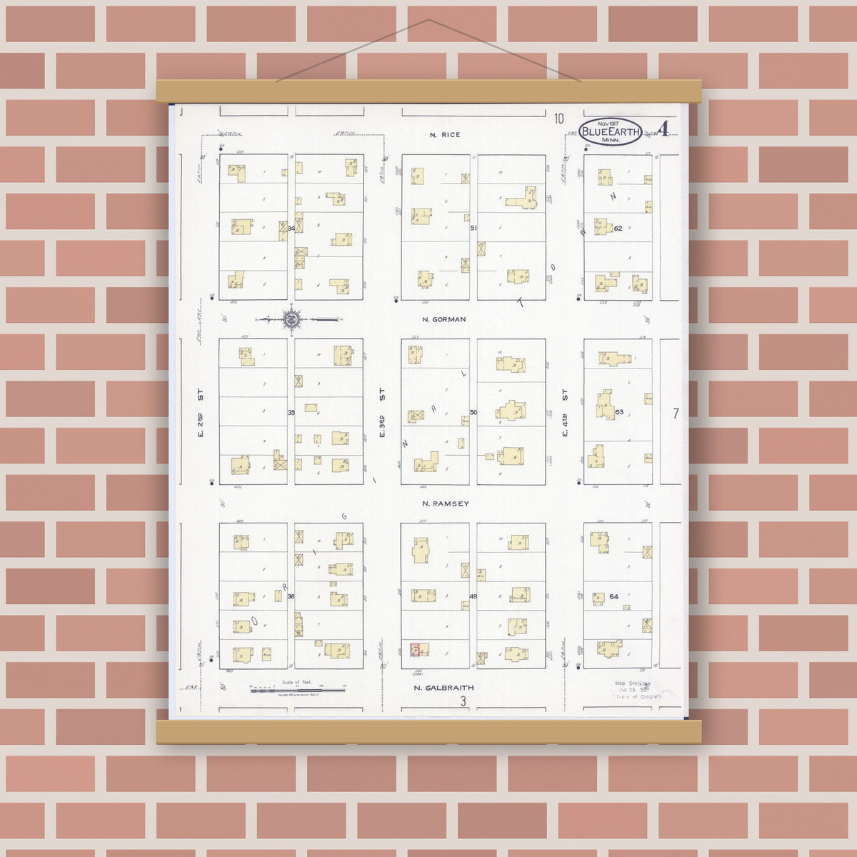 Old map wall art mockup — magnetic wood frame on brick wall — Sanborn Fire Insurance Map from Blue Earth, Faribault County, Minnesota (1917), Sheet #0004