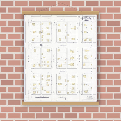 Old map wall art mockup — magnetic wood frame on brick wall — Sanborn Fire Insurance Map from Blue Earth, Faribault County, Minnesota (1917), Sheet #0004