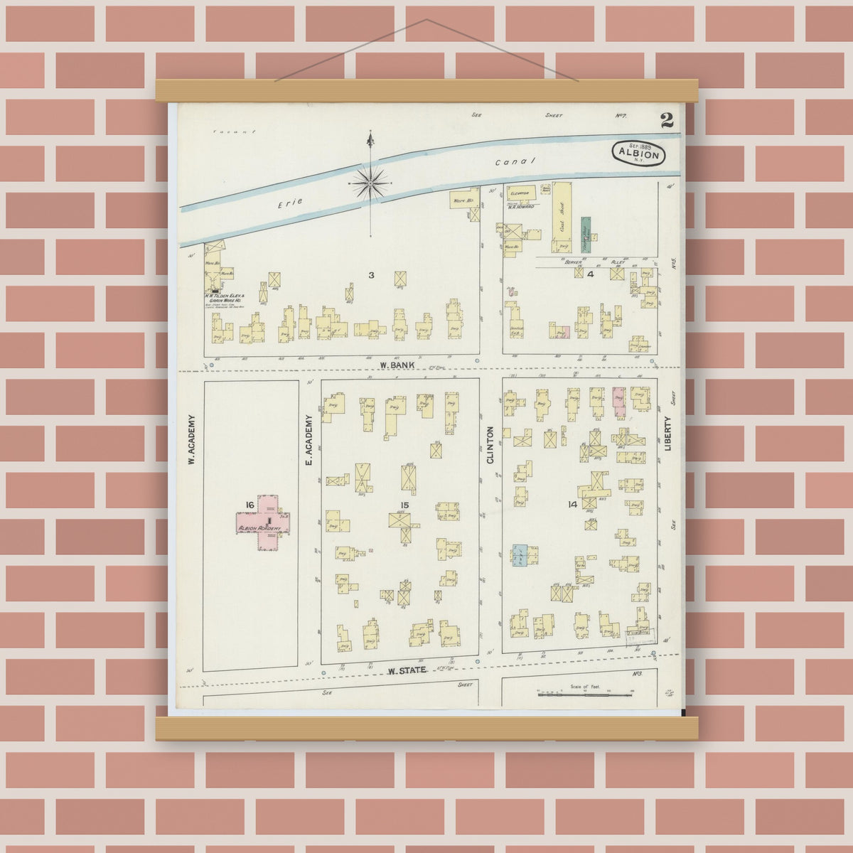 Old map wall art mockup — magnetic wood frame on brick wall — Sanborn Fire Insurance Map from Albion, Orleans County, New York (1889) - Complete Map Set