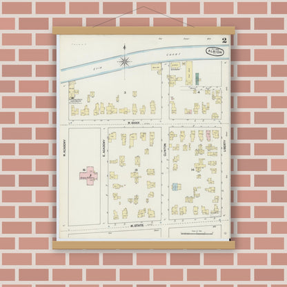 Old map wall art mockup — magnetic wood frame on brick wall — Sanborn Fire Insurance Map from Albion, Orleans County, New York (1889) - Complete Map Set