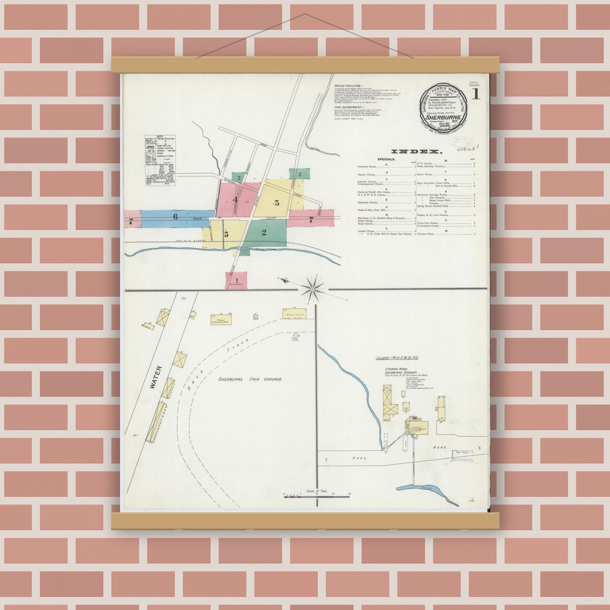 Old map wall art mockup — magnetic wood frame on brick wall — Sanborn Fire Insurance Map from Sherburne, Chenango County, New York (1892) - Complete Map Set