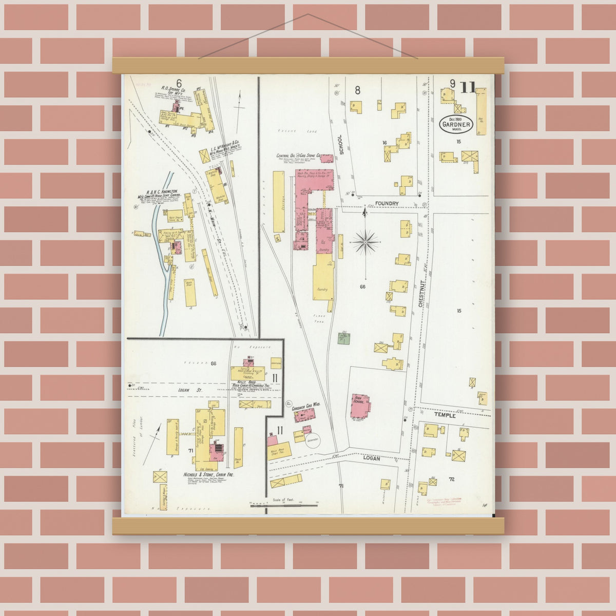 Old map wall art mockup — magnetic wood frame on brick wall — Sanborn Fire Insurance Map from Gardner, Worcester County, Massachusetts (1900), Sheet #0011