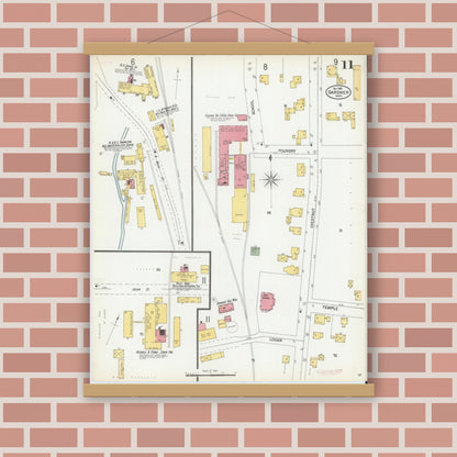 Old map wall art mockup — magnetic wood frame on brick wall — Sanborn Fire Insurance Map from Gardner, Worcester County, Massachusetts (1900), Sheet #0011