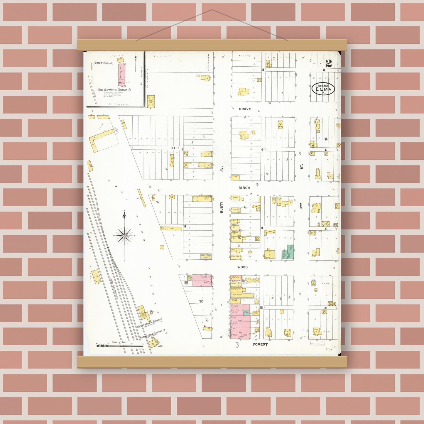 Old map wall art mockup — magnetic wood frame on brick wall — Sanborn Fire Insurance Map from Elma, Howard County, Iowa (1905), Sheet #0002