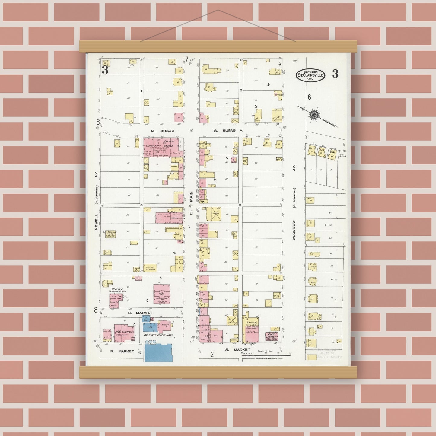 Old map wall art mockup — magnetic wood frame on brick wall — Sanborn Fire Insurance Map from Saint Clairsville, Belmont County, Ohio (1924), Sheet #0003