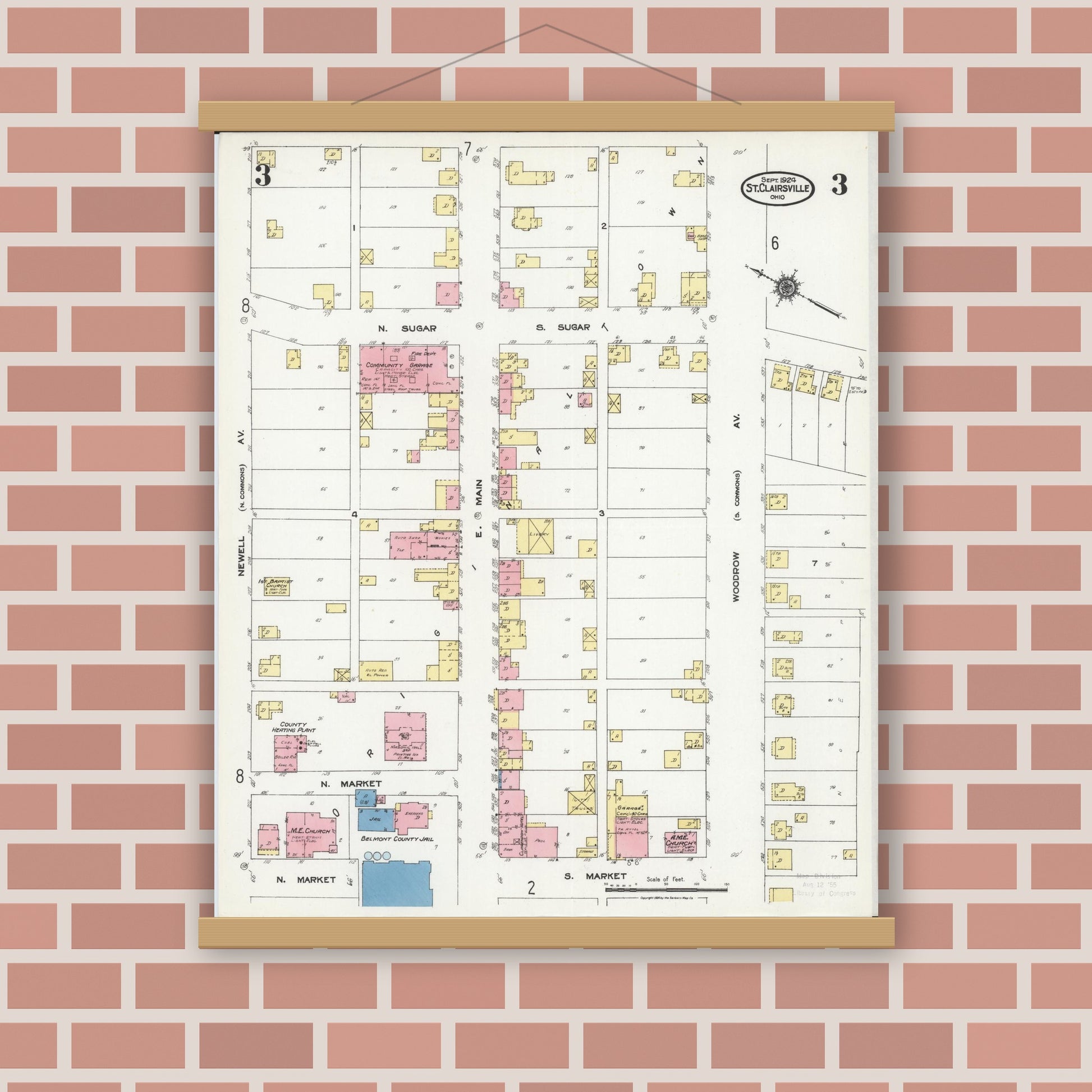Old map wall art mockup — magnetic wood frame on brick wall — Sanborn Fire Insurance Map from Saint Clairsville, Belmont County, Ohio (1924), Sheet #0003