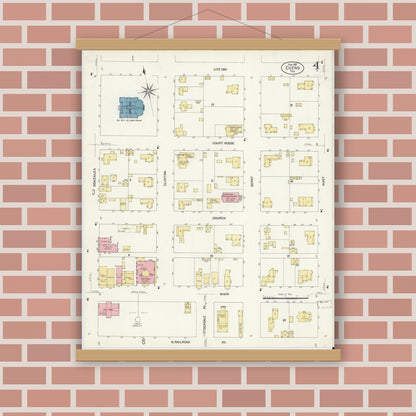 Old map wall art mockup — magnetic wood frame on brick wall — Sanborn Fire Insurance Map from Cuero, De Witt County, Texas (1907), Sheet #0004