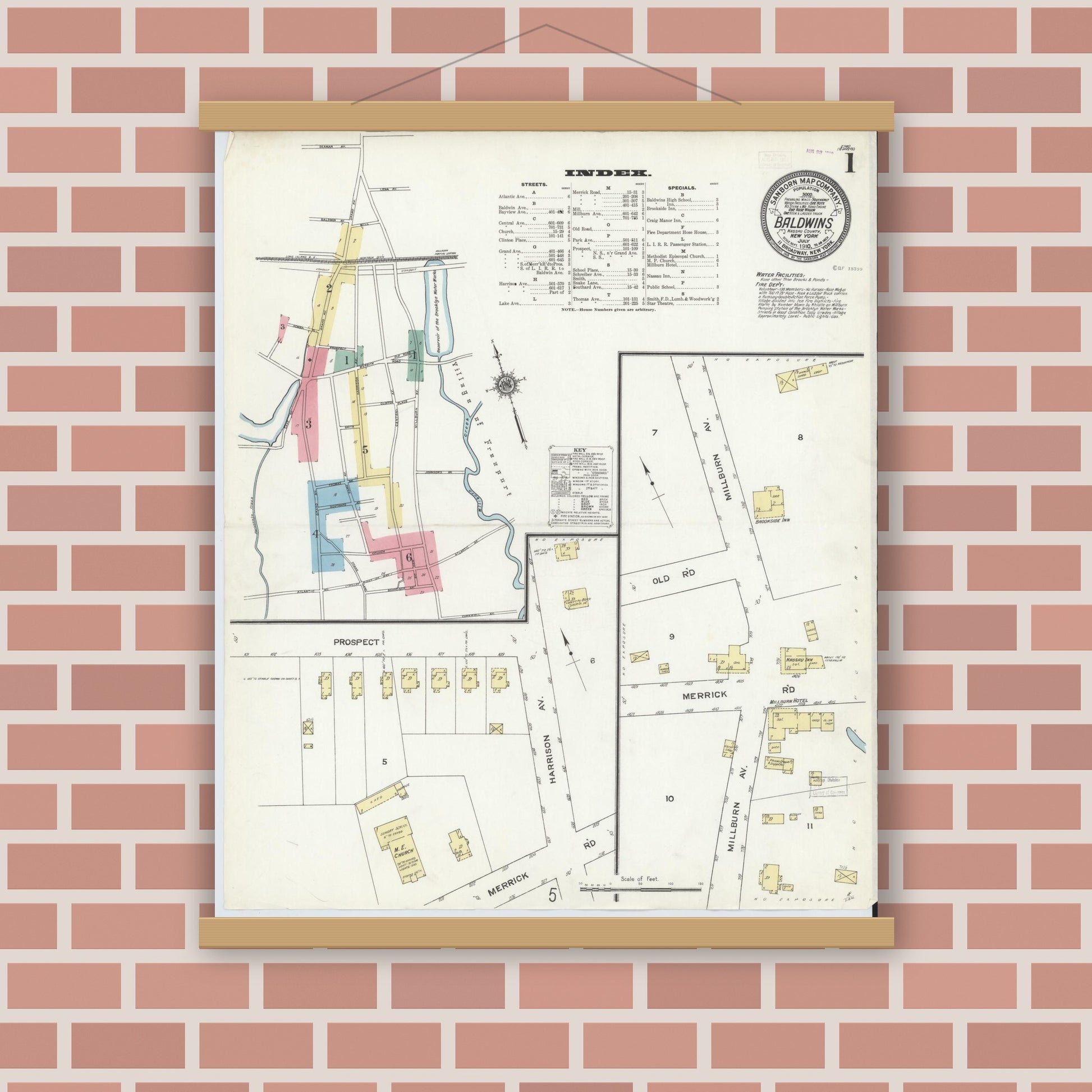 Old map wall art mockup — magnetic wood frame on brick wall — Sanborn Fire Insurance Map from Baldwin, Nassau County, New York (1910) - Complete Map Set