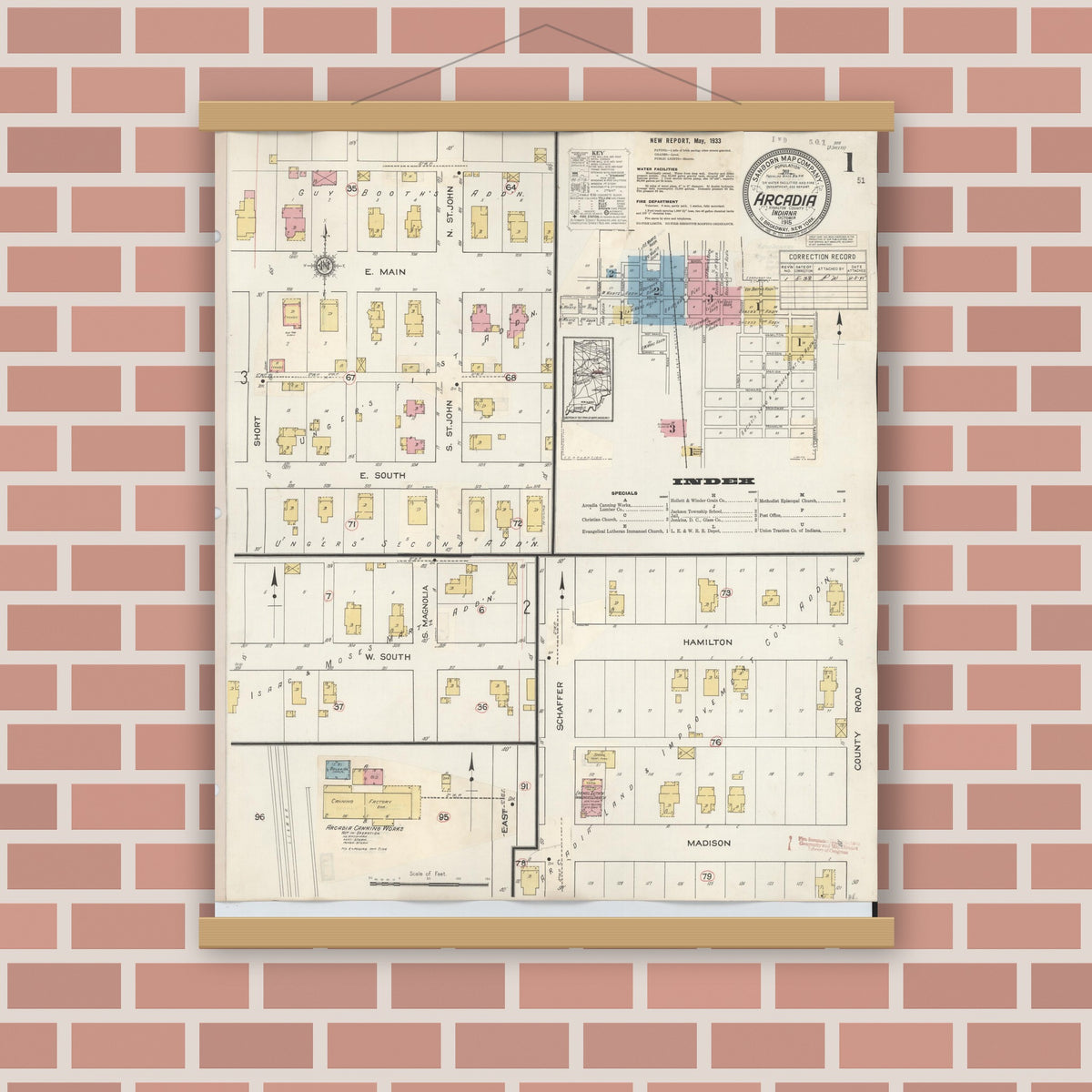 Old map wall art mockup — magnetic wood frame on brick wall — Sanborn Fire Insurance Map from Arcadia, Hamilton County, Indiana (1933) - Complete Map Set