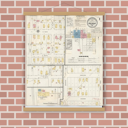 Old map wall art mockup — magnetic wood frame on brick wall — Sanborn Fire Insurance Map from Arcadia, Hamilton County, Indiana (1933) - Complete Map Set