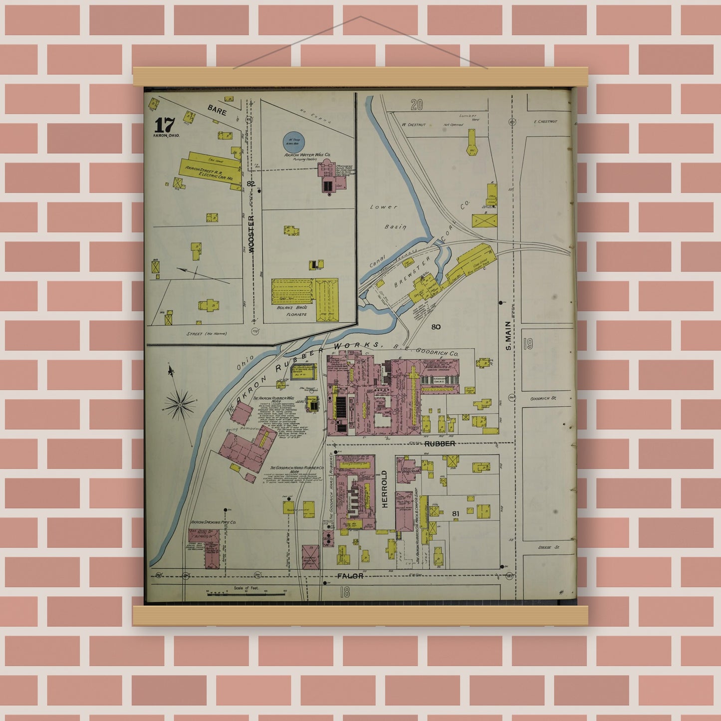 Old map wall art mockup — magnetic wood frame on brick wall — Sanborn Fire Insurance Map from Akron, Summit County, Ohio (1892), Sheet #0017