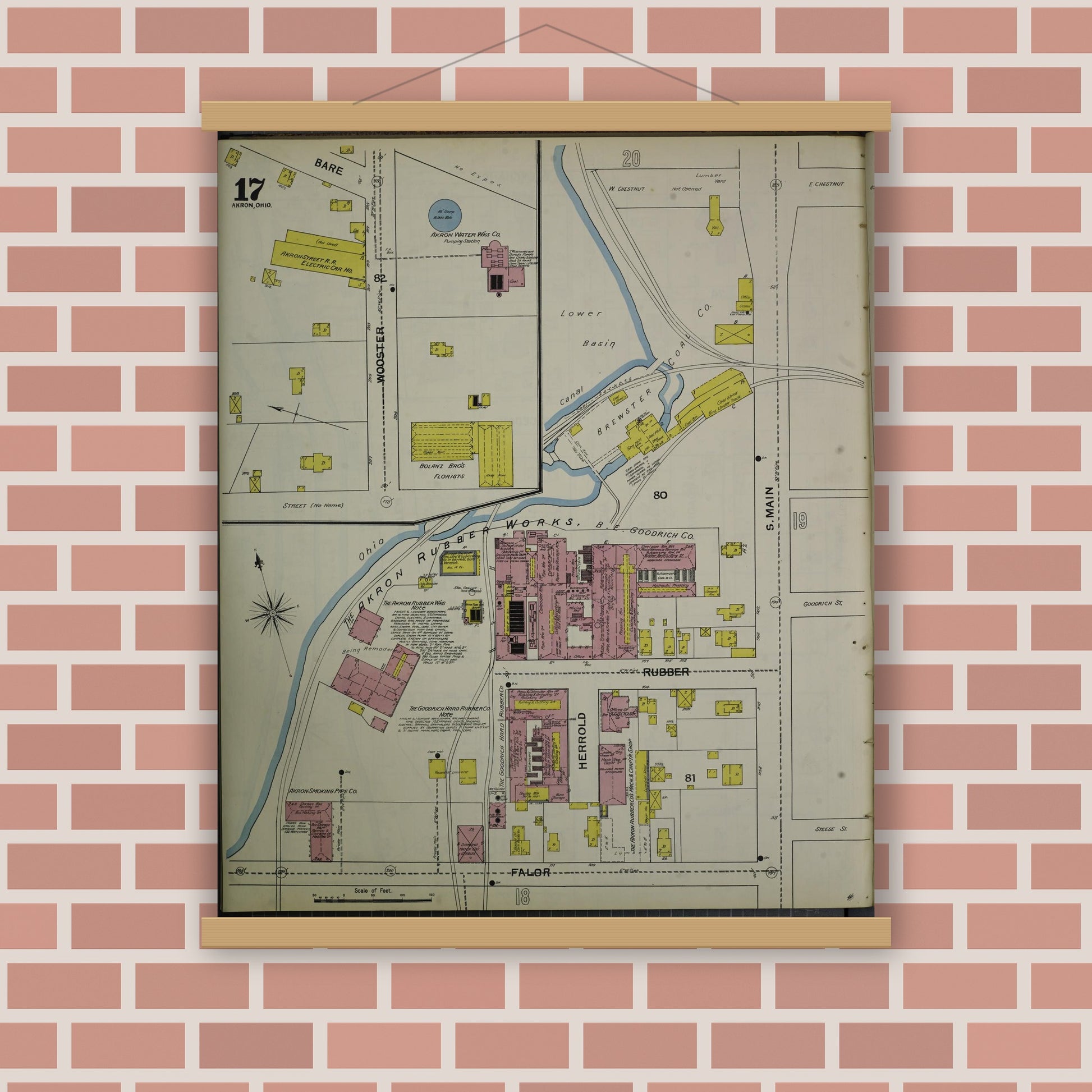 Old map wall art mockup — magnetic wood frame on brick wall — Sanborn Fire Insurance Map from Akron, Summit County, Ohio (1892), Sheet #0017