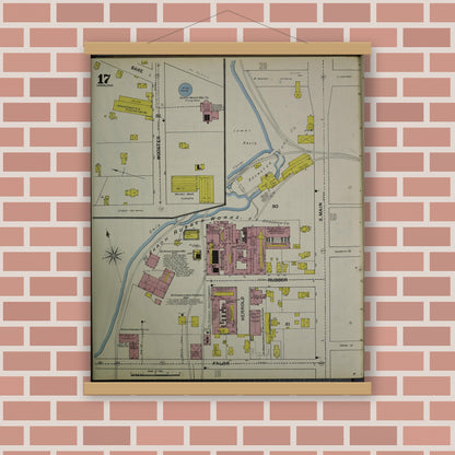 Old map wall art mockup — magnetic wood frame on brick wall — Sanborn Fire Insurance Map from Akron, Summit County, Ohio (1892), Sheet #0017