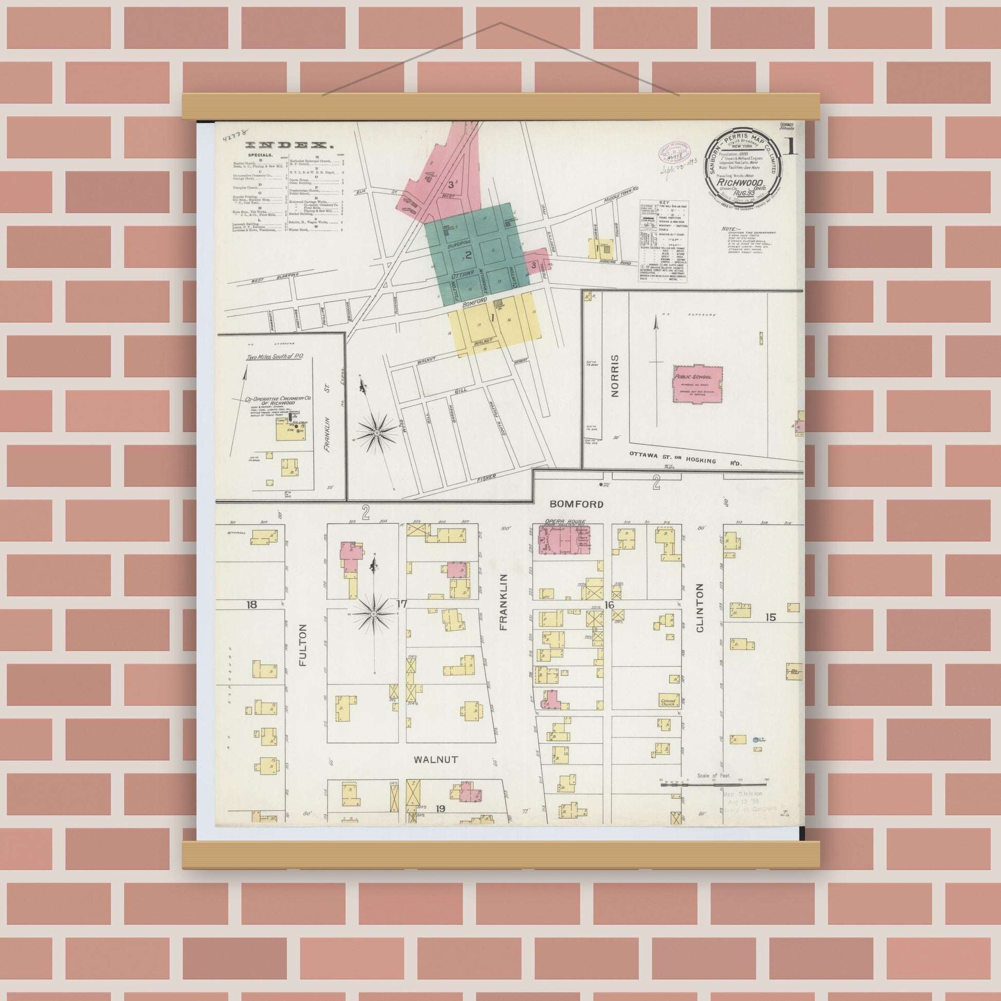 Old map wall art mockup — magnetic wood frame on brick wall — Sanborn Fire Insurance Map from Richwood, Union County, Ohio (1893), Sheet #0001