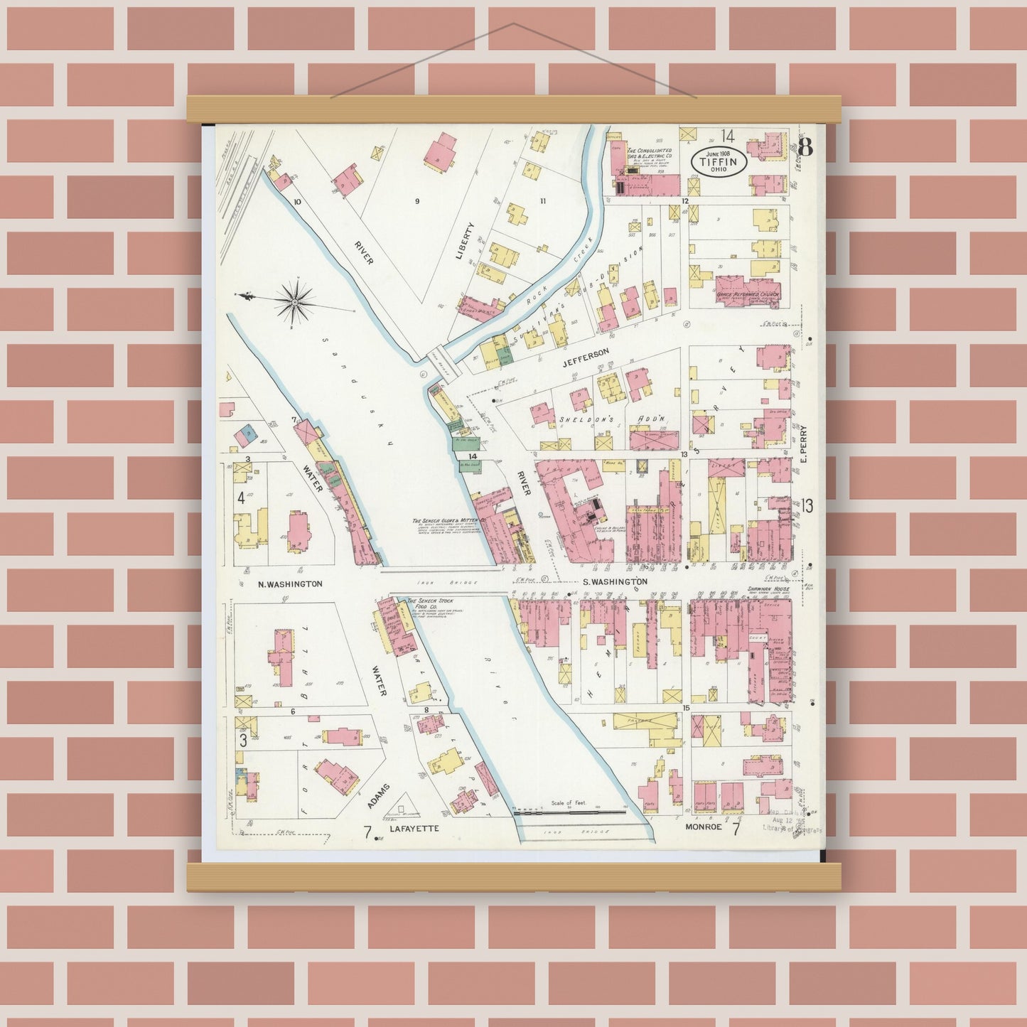 Old map wall art mockup — magnetic wood frame on brick wall — Sanborn Fire Insurance Map from Tiffin, Seneca County, Ohio (1908), Sheet #0008