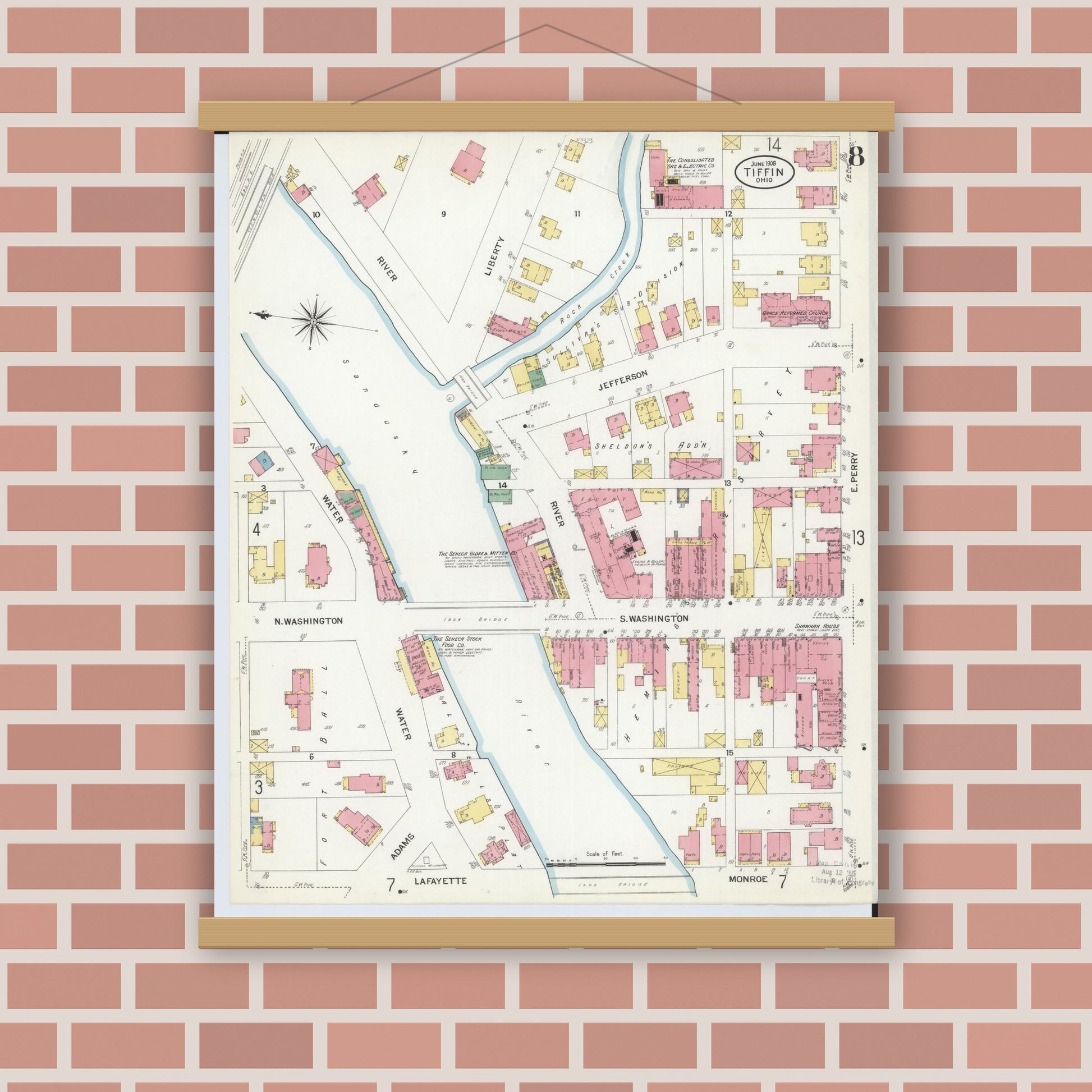 Old map wall art mockup — magnetic wood frame on brick wall — Sanborn Fire Insurance Map from Tiffin, Seneca County, Ohio (1908), Sheet #0008