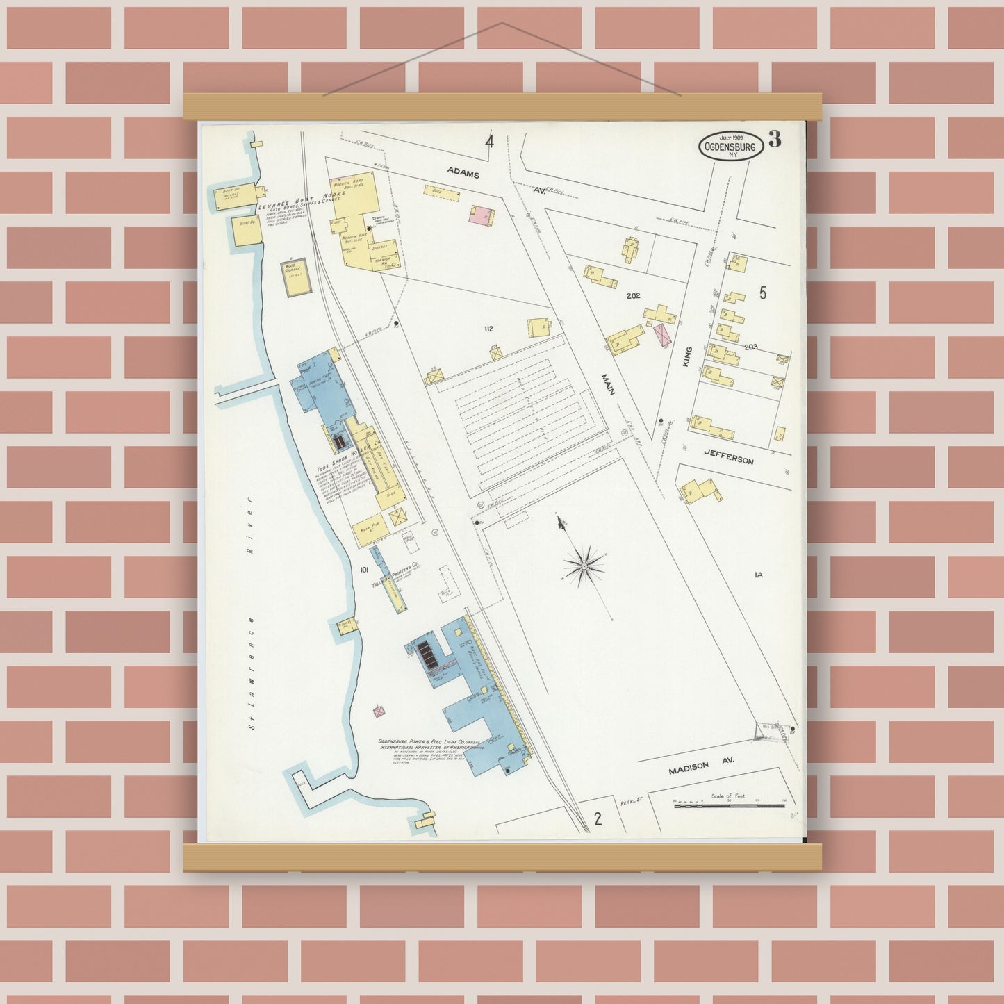 Old map wall art mockup — magnetic wood frame on brick wall — Sanborn Fire Insurance Map from Ogdensburg, St. Lawrence County, New York (1909), Sheet #0003
