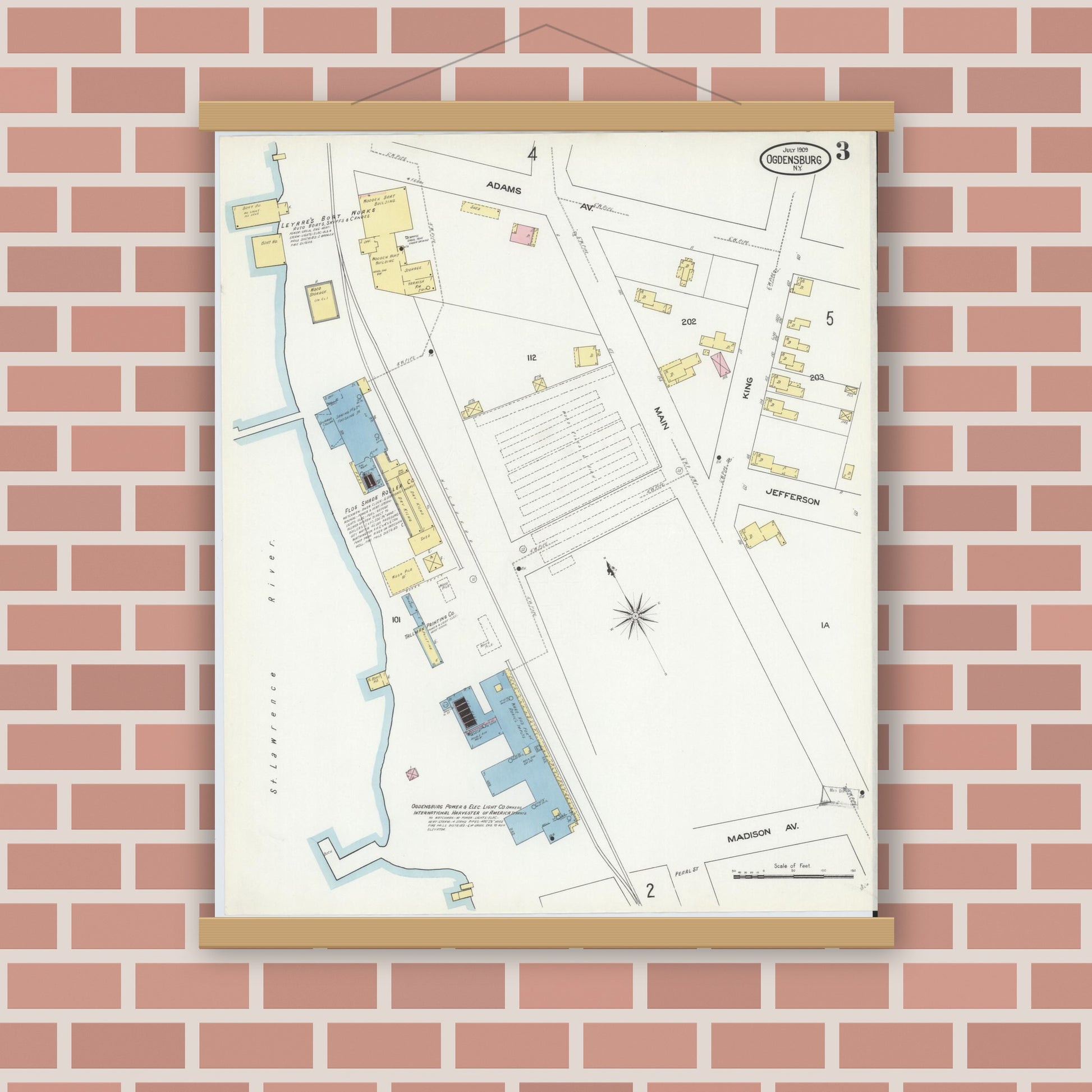 Old map wall art mockup — magnetic wood frame on brick wall — Sanborn Fire Insurance Map from Ogdensburg, St. Lawrence County, New York (1909), Sheet #0003