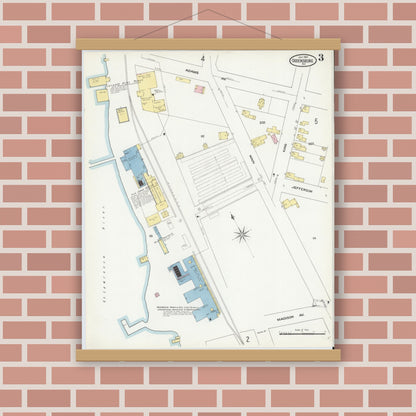 Old map wall art mockup — magnetic wood frame on brick wall — Sanborn Fire Insurance Map from Ogdensburg, St. Lawrence County, New York (1909), Sheet #0003