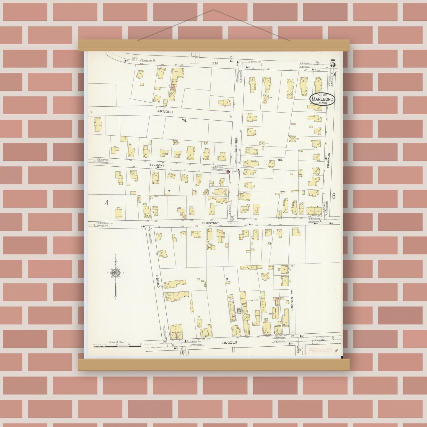 Old map wall art mockup — magnetic wood frame on brick wall — Sanborn Fire Insurance Map from Marlborough, Middlesex County, Massachusetts (1912), Sheet #0005