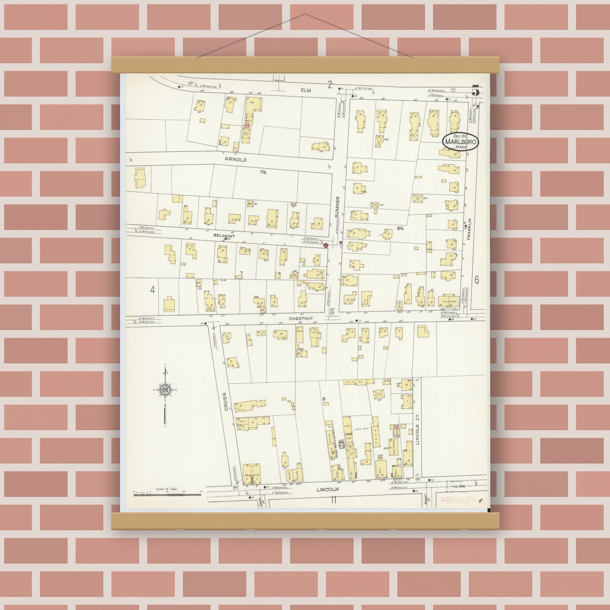 Old map wall art mockup — magnetic wood frame on brick wall — Sanborn Fire Insurance Map from Marlborough, Middlesex County, Massachusetts (1912), Sheet #0005