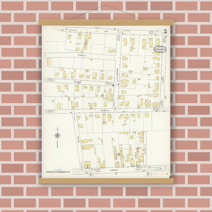 Old map wall art mockup — magnetic wood frame on brick wall — Sanborn Fire Insurance Map from Marlborough, Middlesex County, Massachusetts (1912), Sheet #0005