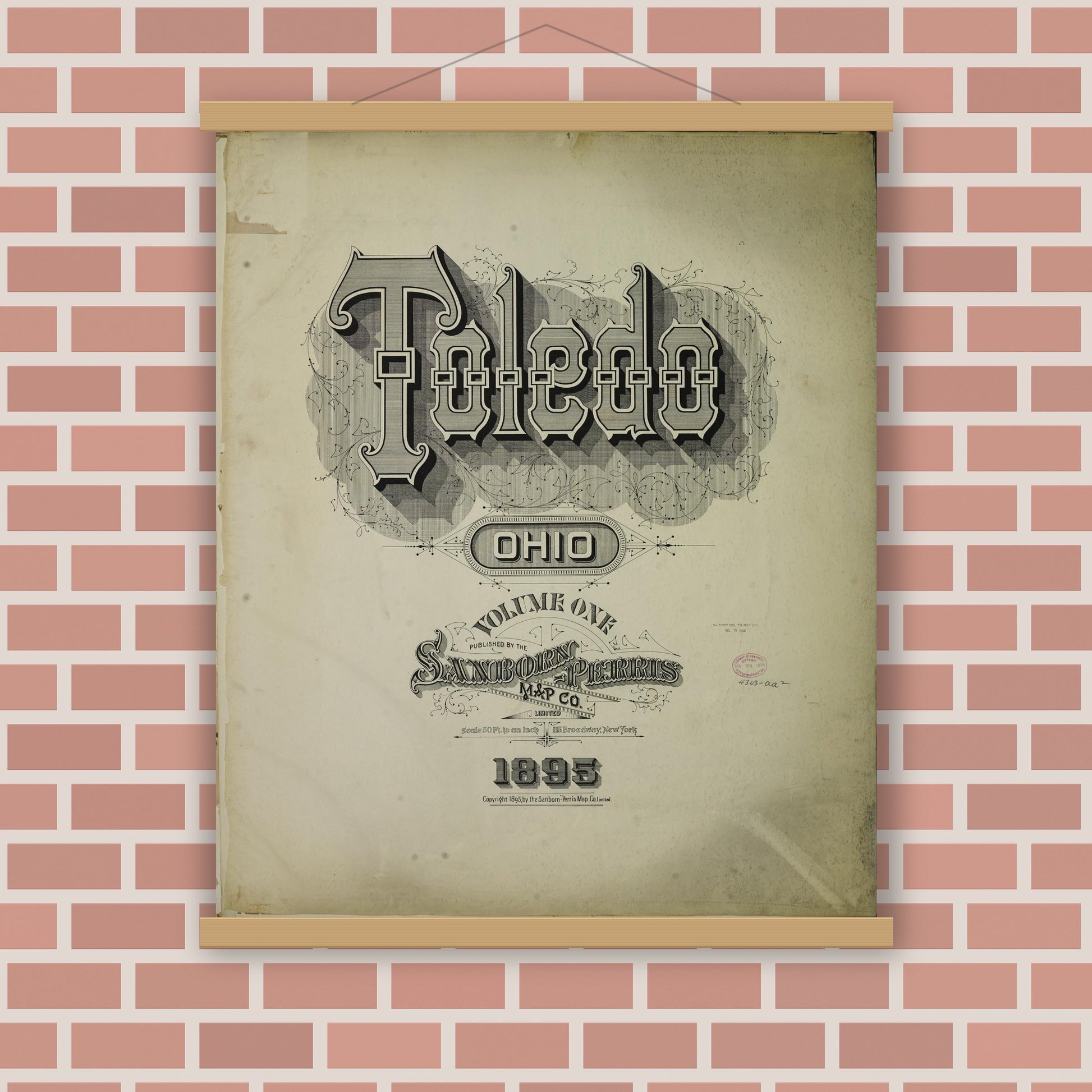 Old map wall art mockup — magnetic wood frame on brick wall — Sanborn Fire Insurance Map from Toledo, Lucas County, Ohio (1895), Sheet #0001