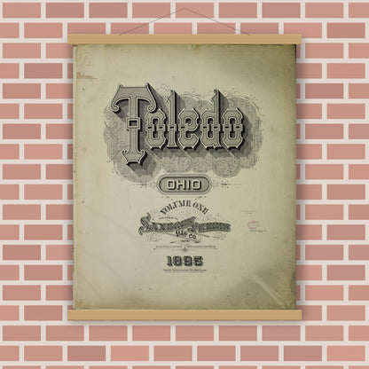 Old map wall art mockup — magnetic wood frame on brick wall — Sanborn Fire Insurance Map from Toledo, Lucas County, Ohio (1895), Sheet #0001