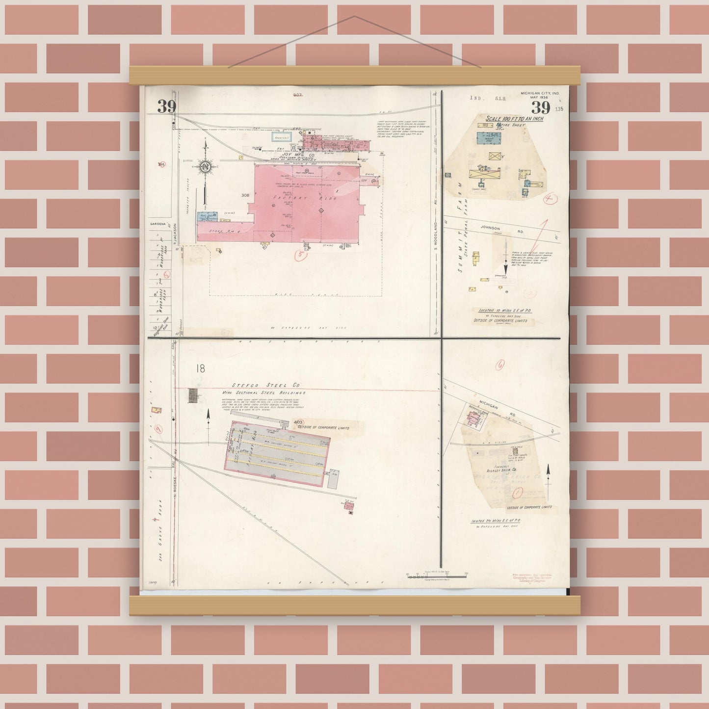 Old map wall art mockup — magnetic wood frame on brick wall — Sanborn Fire Insurance Map from Michigan City, La Porte County, Indiana (1948), Sheet #0039